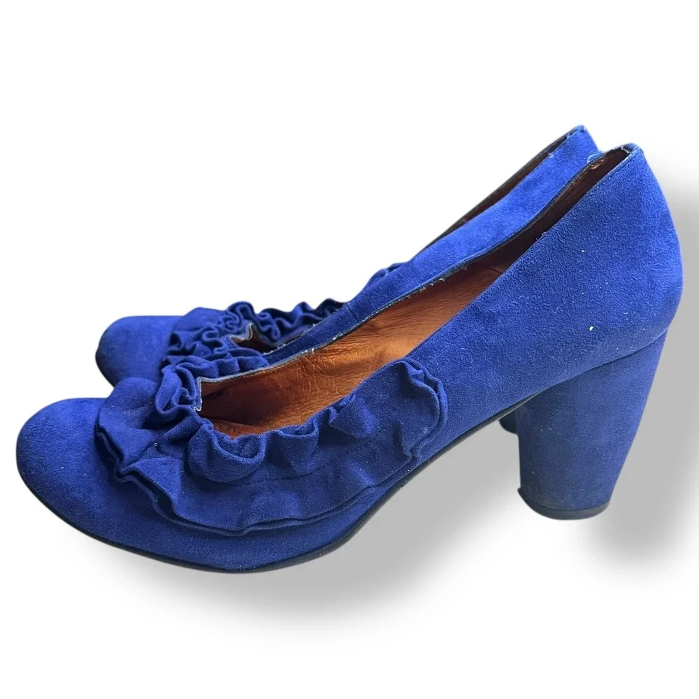 Jon Josef Womens Blue Suede Ruffle Block Heel Pumps 9.5 Retro Parisian Office